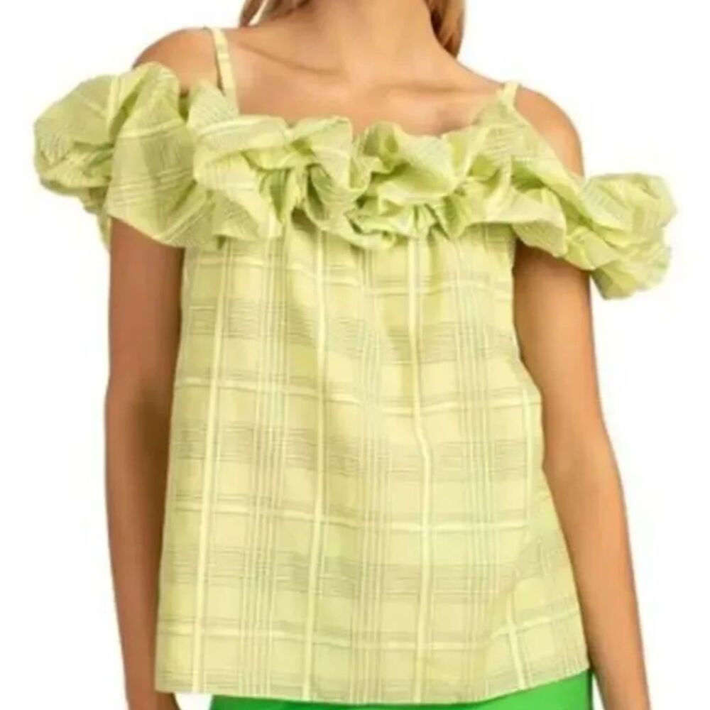 Trina Turk Primrose Lime Green Cotton Silk Ruffle Cold Shoulder Top Medium